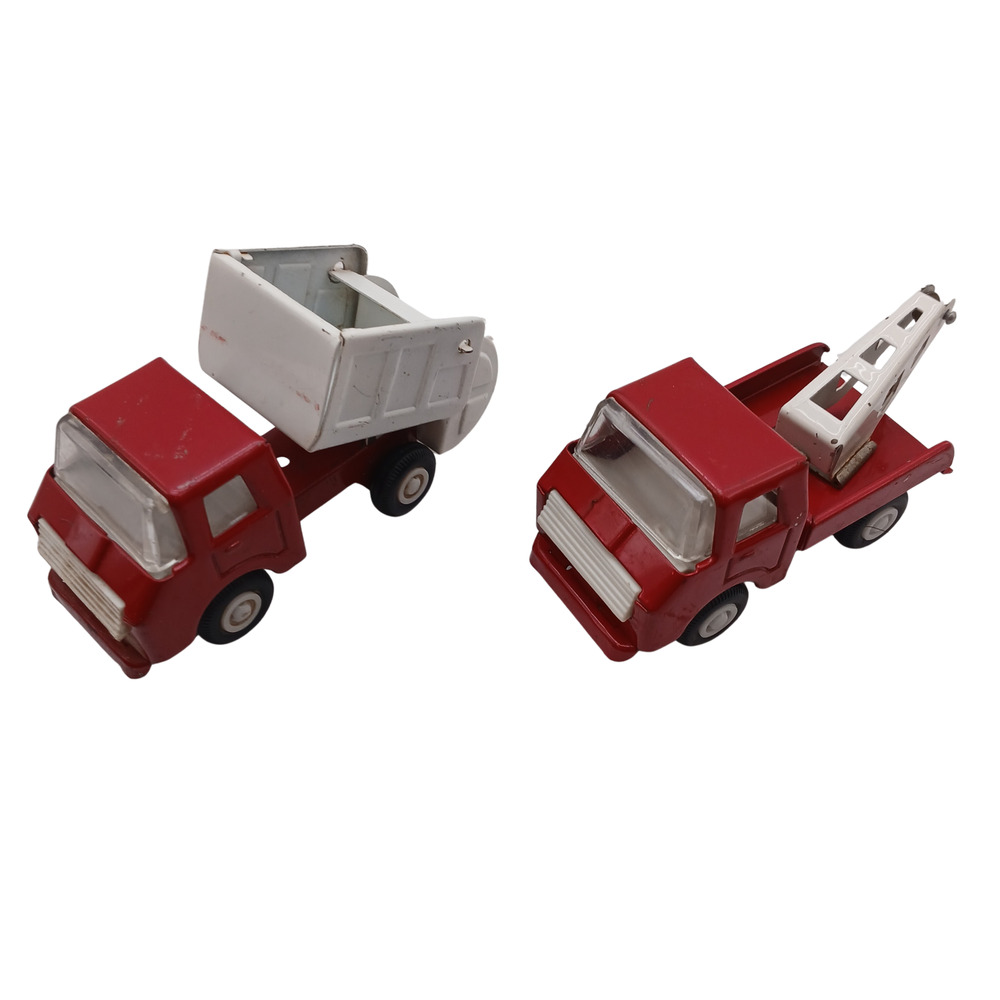 Vintage Red Toy Dump & Tow Truck Pair Pressed Steel Truck Japan Made 1970s